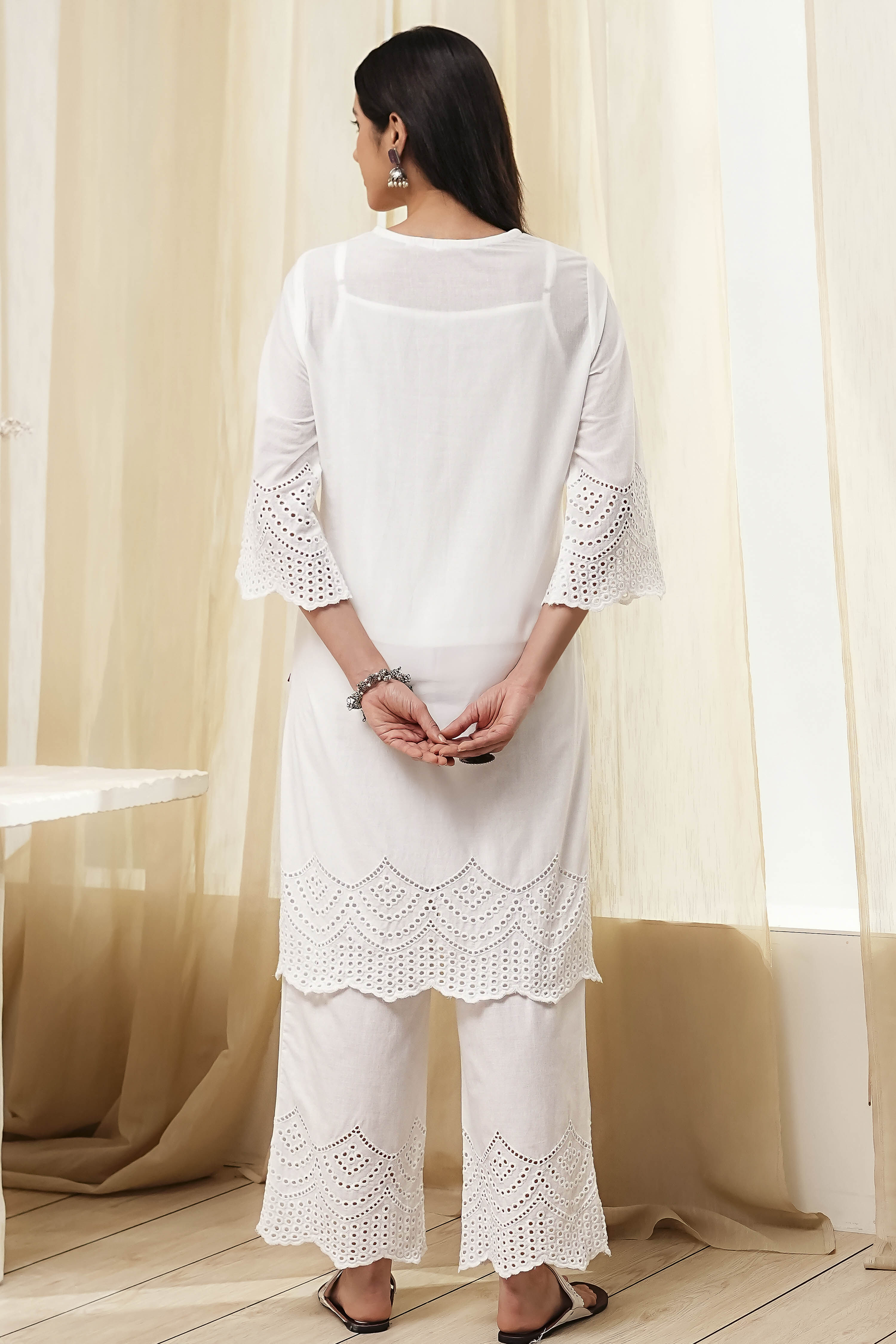 Pink Cotton Schiffli Straight Suit Set image number 4