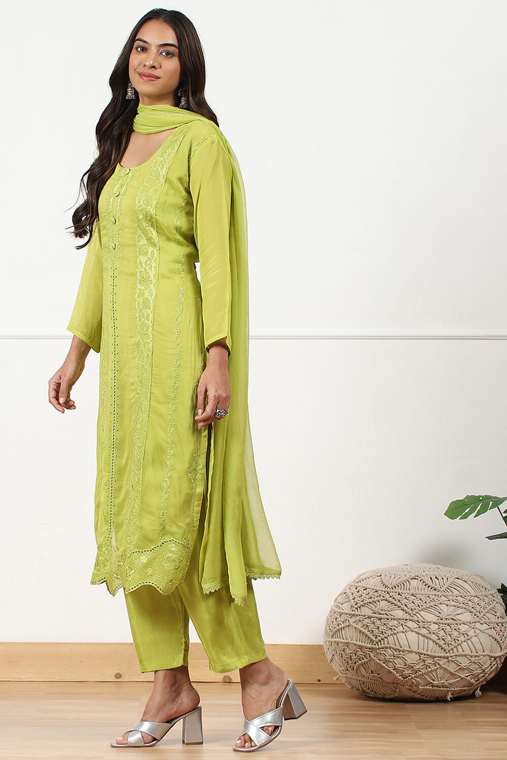 Red Organza Embroidered Unstitched Suit Set image number 5