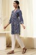 Indigo Cotton Floral Straight Short Kurta image number 2