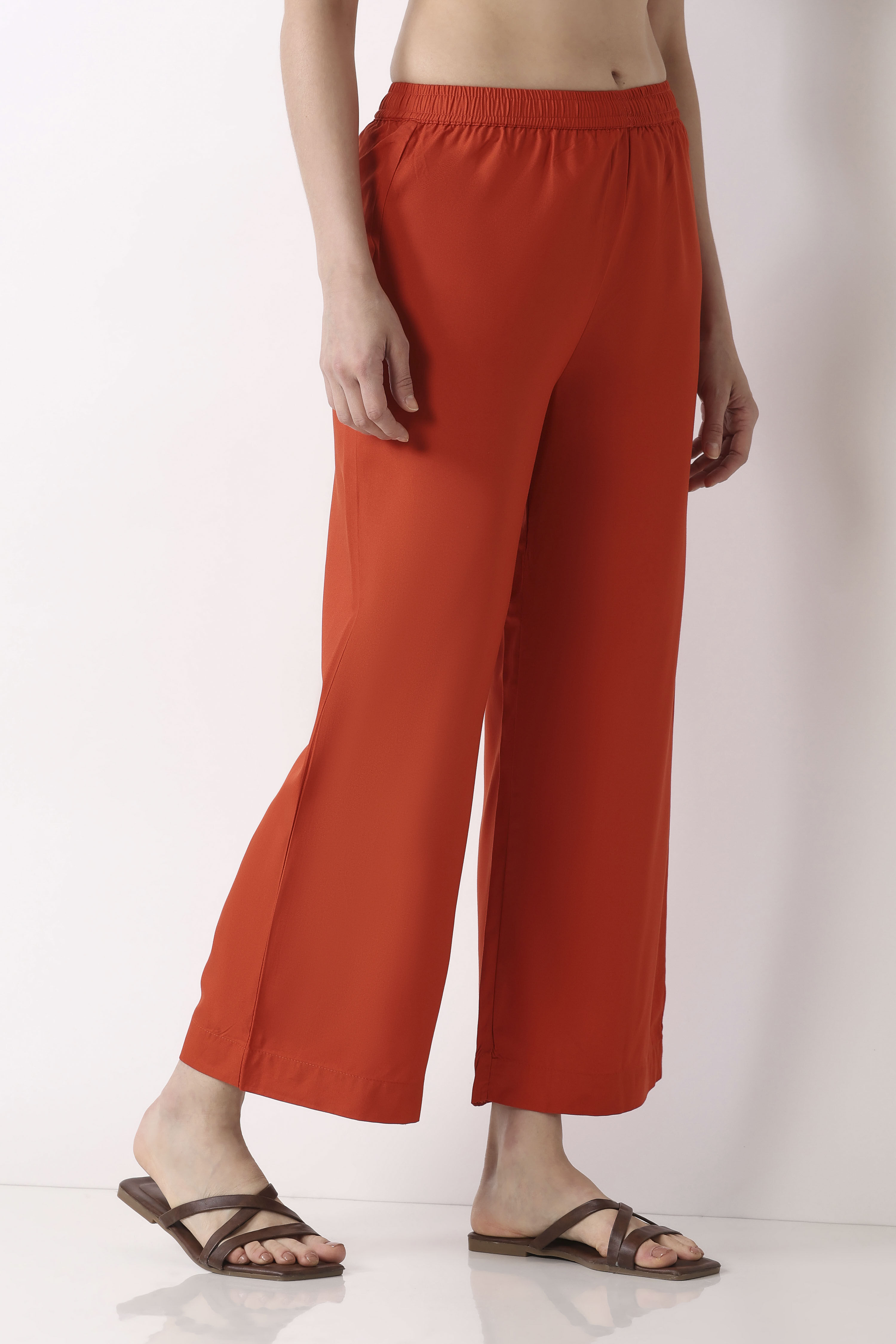 Berry Maroon Solid Straight Palazzos image number 3