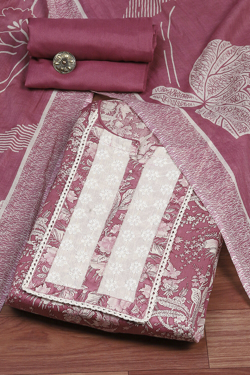 Purple Cotton Floral Printed Unstitched Suit Set image number 0