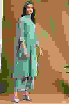 Turquoise Embroidered Festive Kalidar Suit Set image number 5