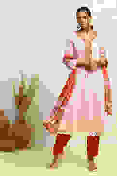 White and Rust Cotton Festive Kalidar Suit Set image number 6