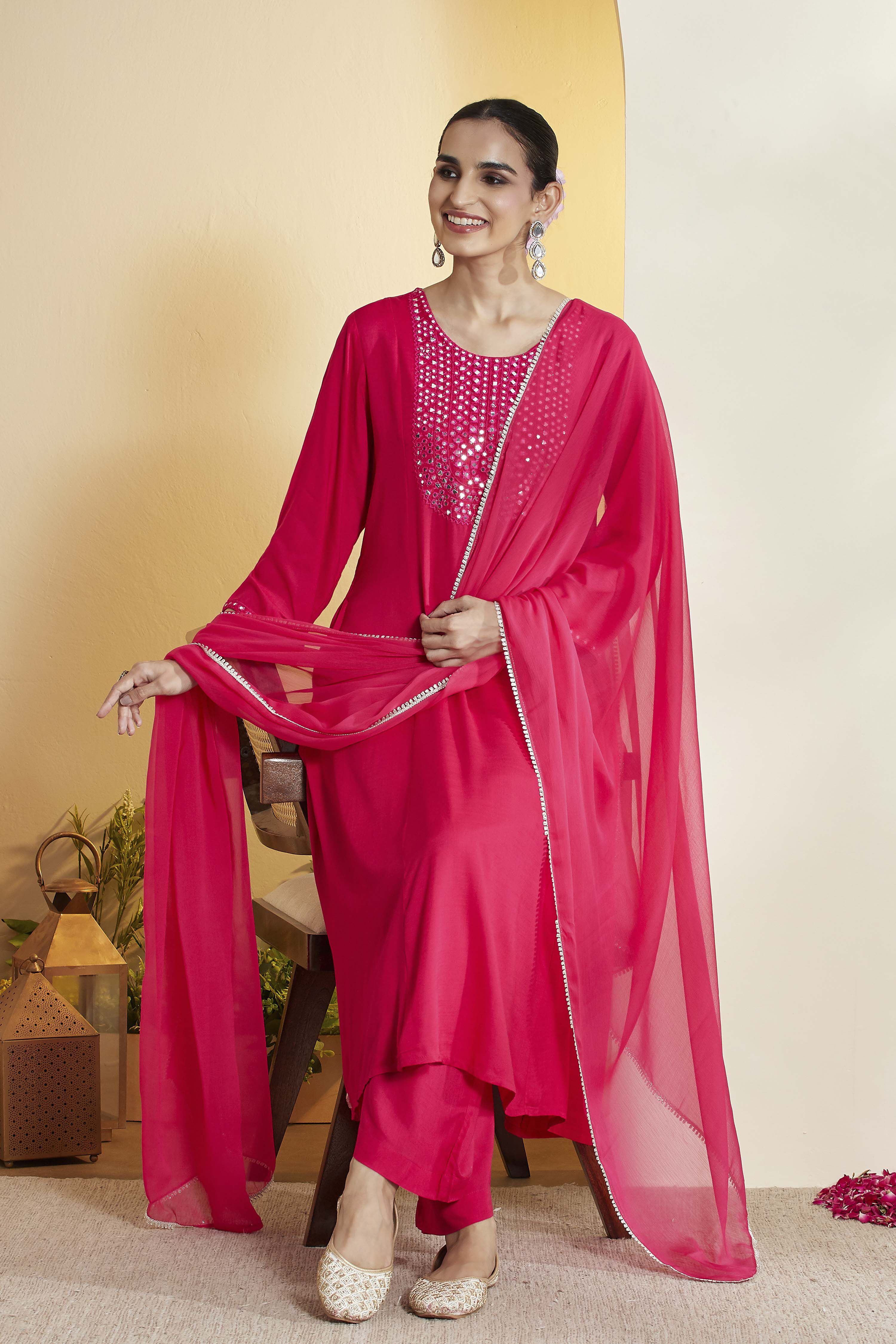 Fuchsia Viscose Rayon Embellished Yoke Straight Kurta Set image number 0