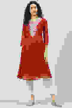 Red Poly Cotton A-Line Kurta image number 0