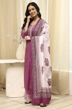 Purple Cotton Screen Print Unstitched Suit Set image number 4