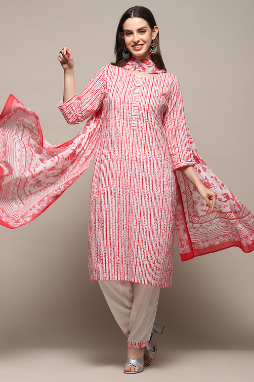 White Red Cotton Straight Suit Set image number 0