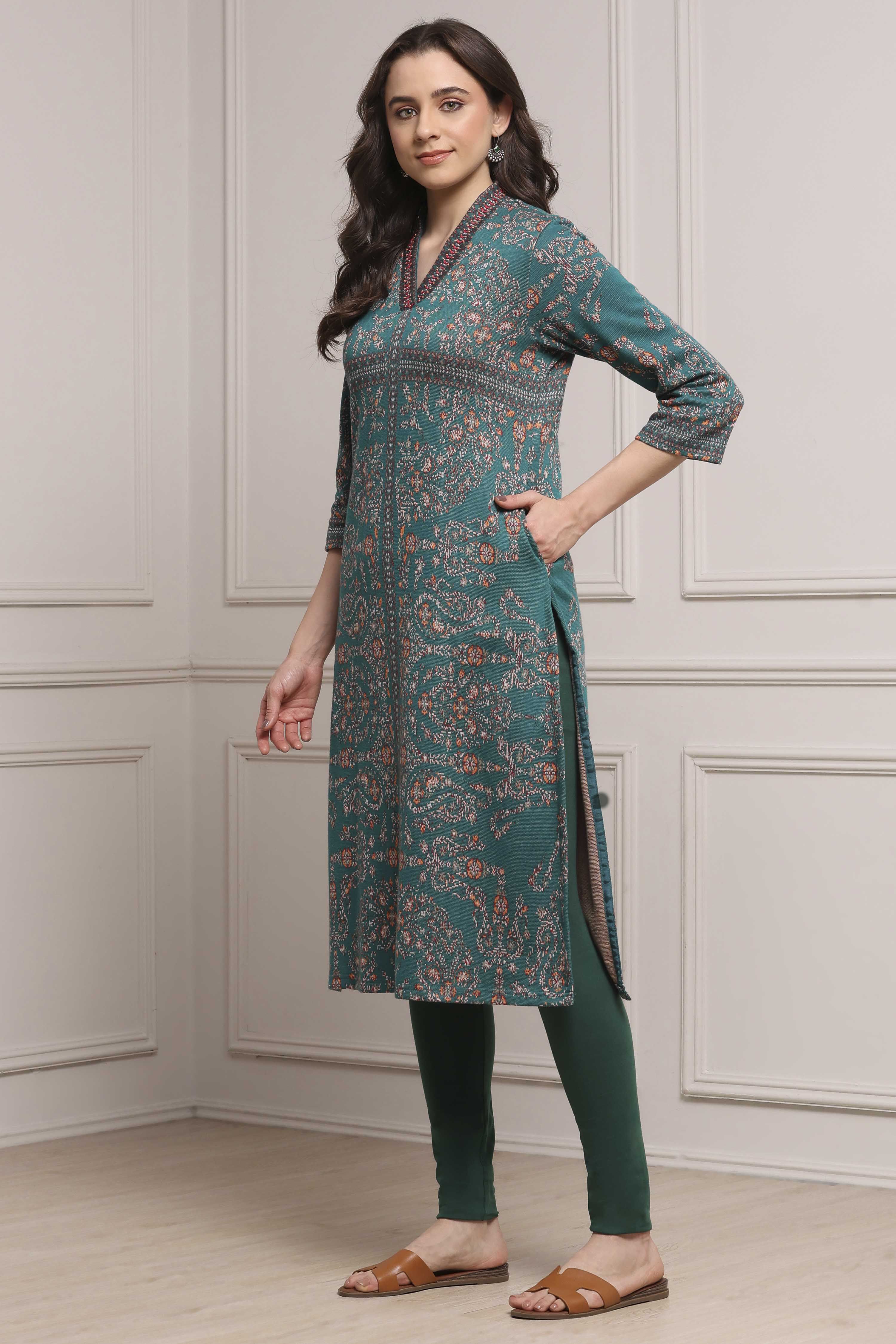 Earthy Green Yarn-Dyed Printed Straight Winter Kurta image number 2