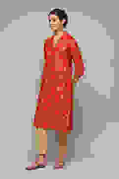 Red Poly Viscose Straight Printed Kurta image number 2