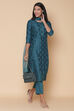 Teal Cotton Silk Straight Kurta Pant Suit Set image number 4