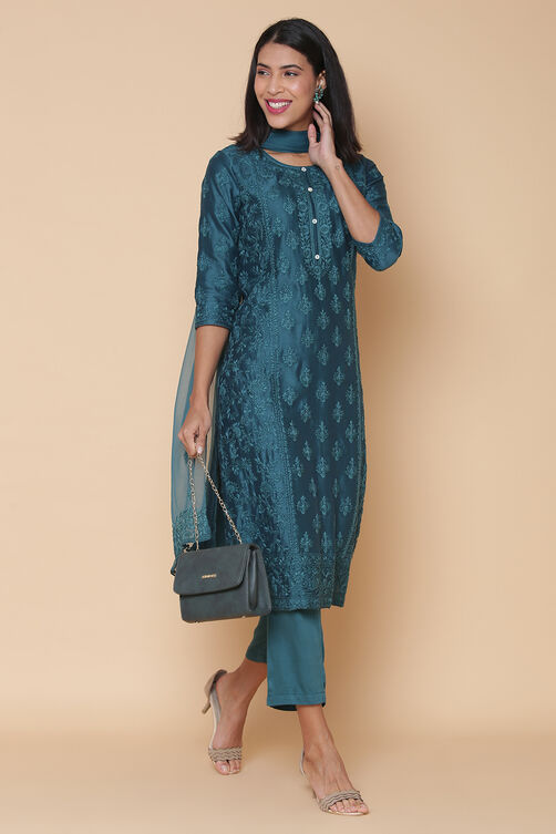 Teal Cotton Silk Straight Kurta Pant Suit Set image number 4