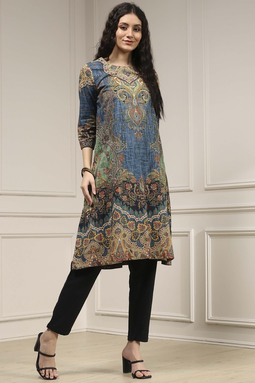 Blue Cotton Printed Straight Kurta image number 4
