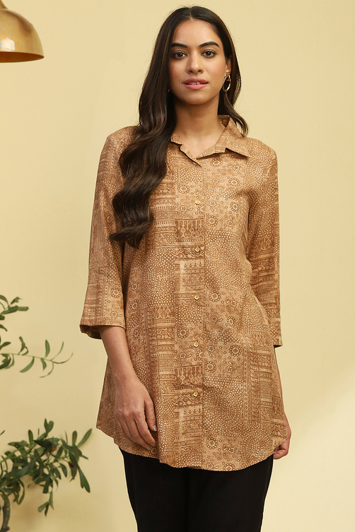 Beige Printed Shirt Style Straight Kurti image number 5
