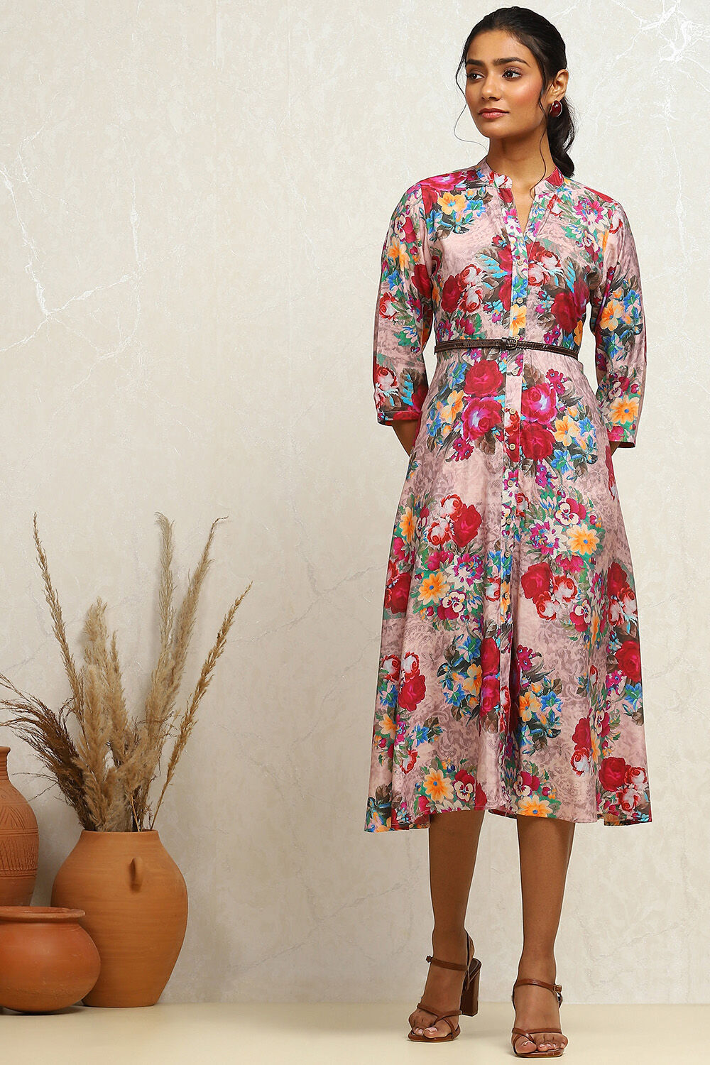 Grey Floral Printed A-Line Dress image number 5