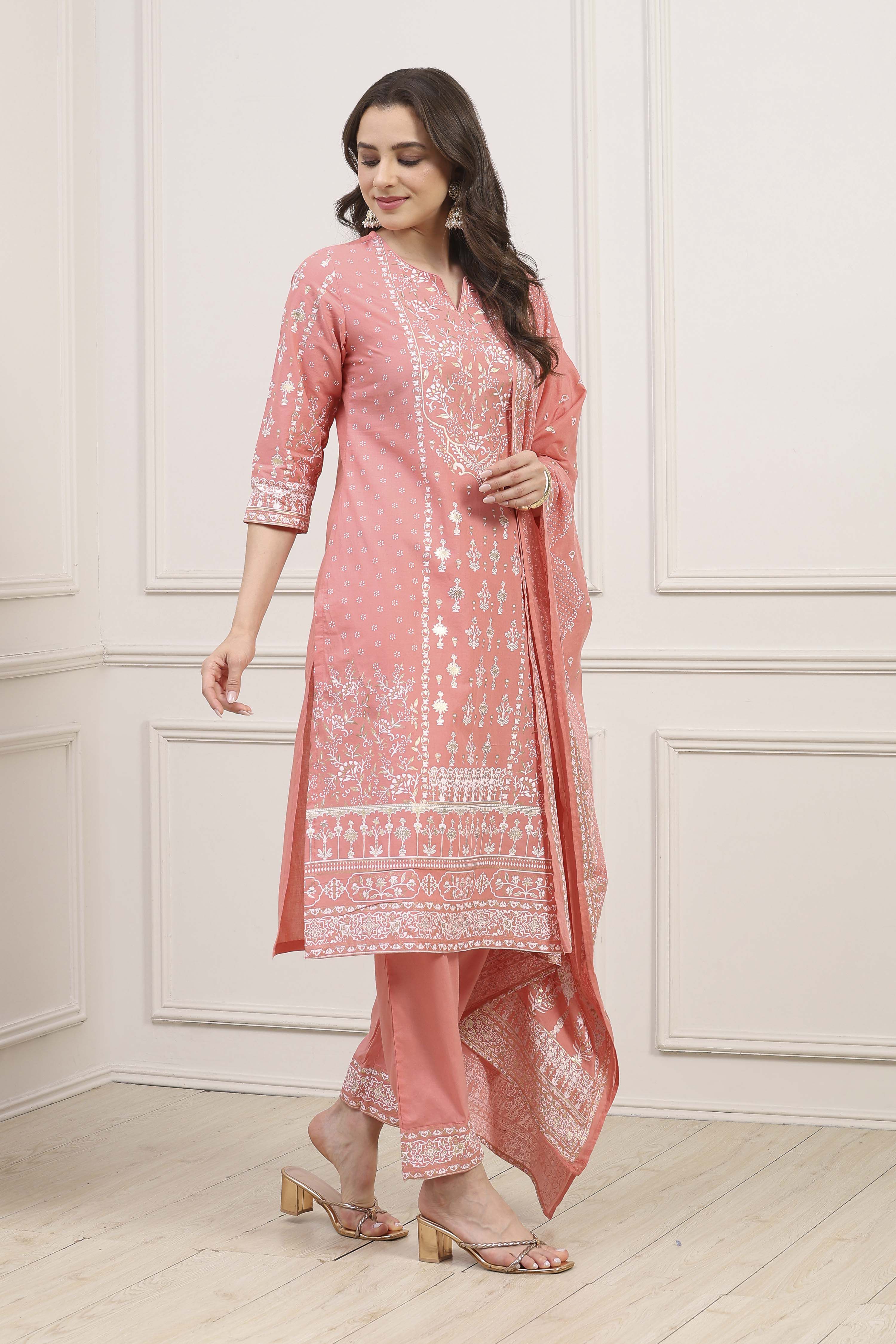 Light Coral Cotton Straight Kurta Pants Suit Set image number 5