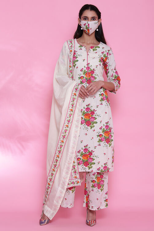 Off White Cotton Straight Kurta Palazzo Suit Set image number 5