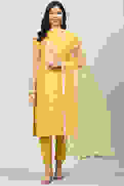 Mustard Art Silk Straight Kurta Slim Pants Suit Set image number 0