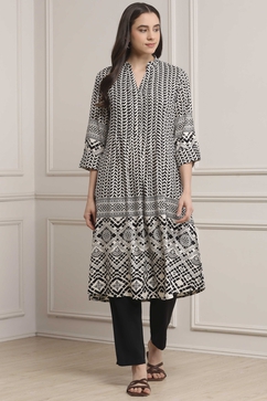 Black Cotton Printed Pleated A-line Kurta