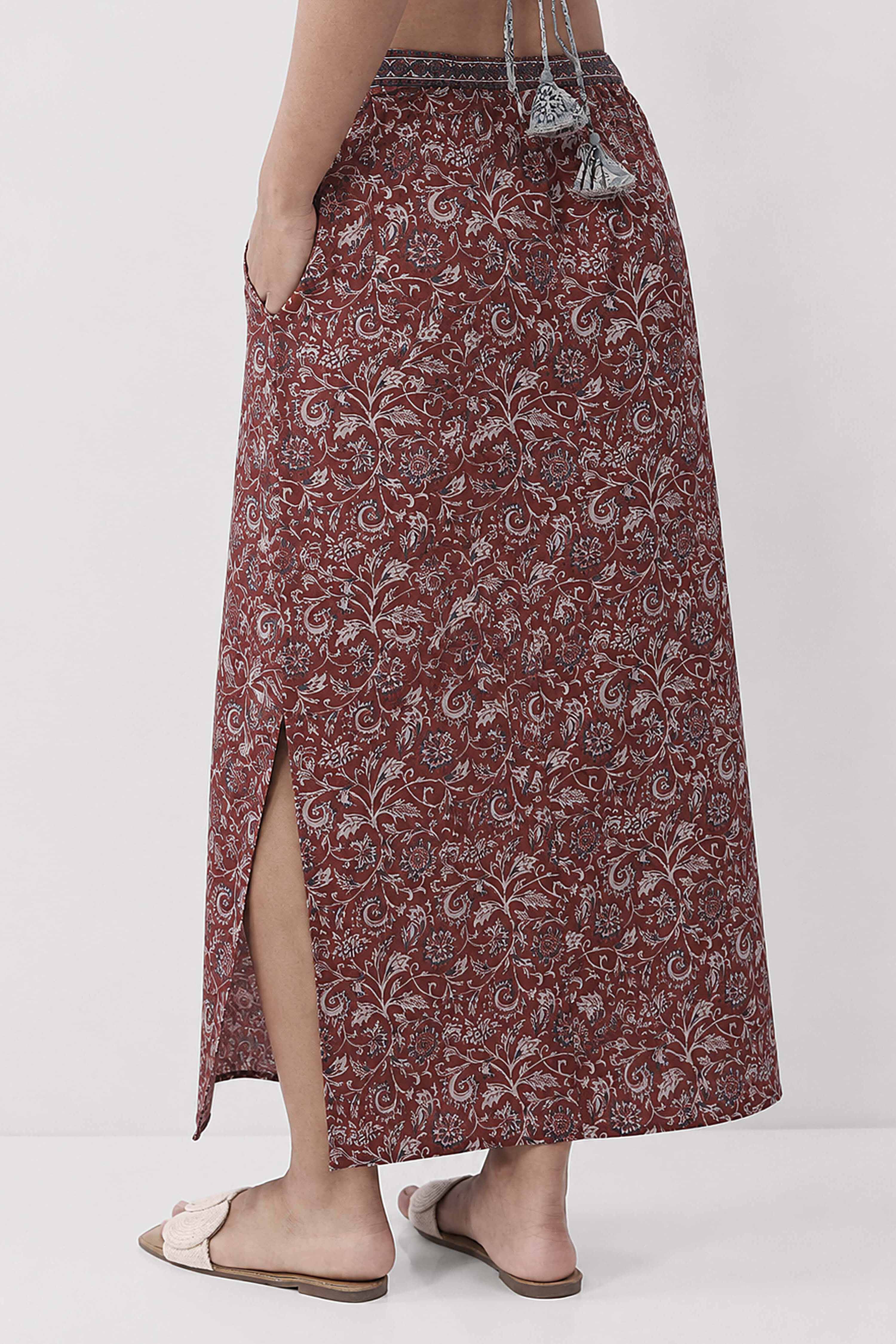 Rust Cotton Printed Skirt image number 4