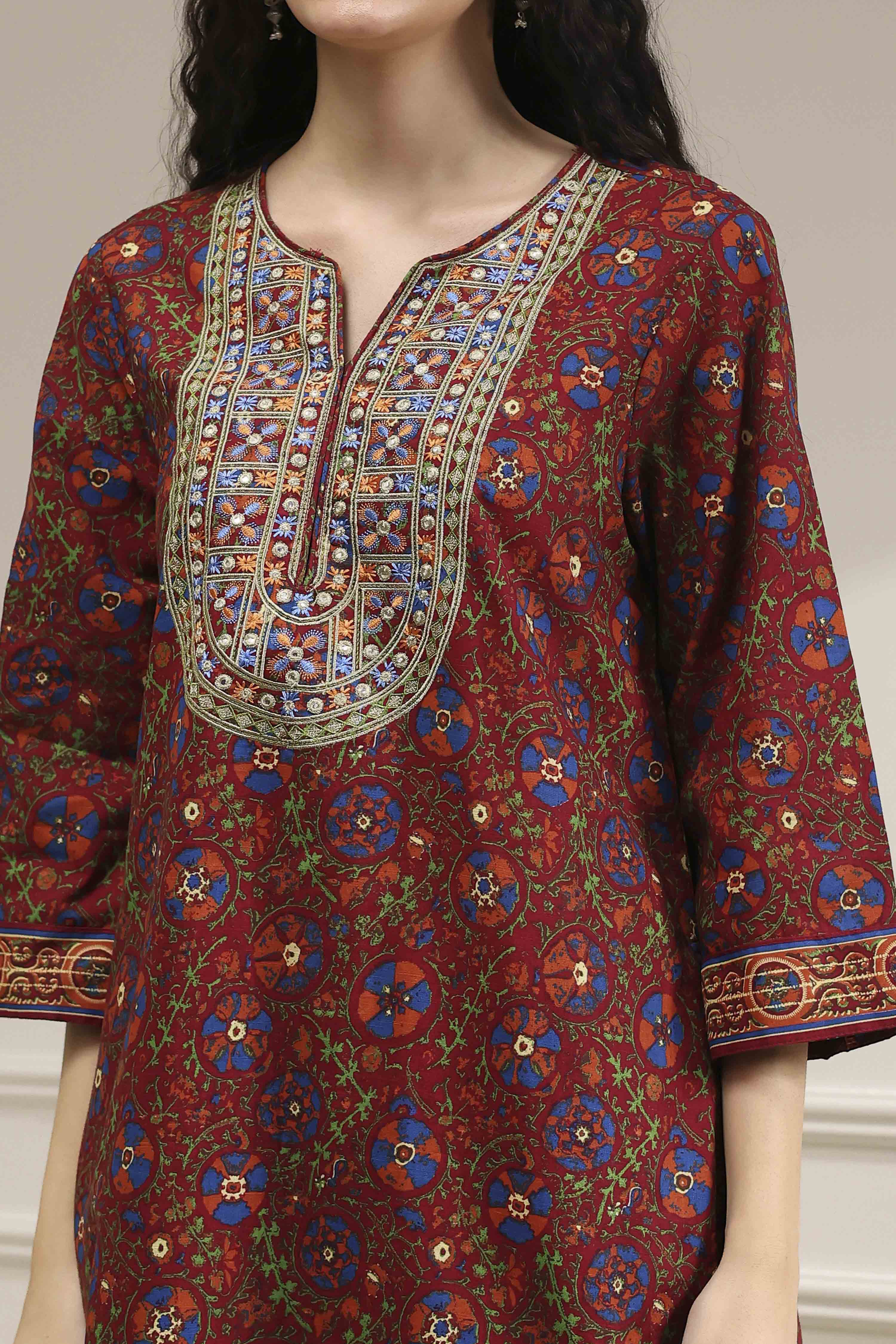 Rust and Blue Cotton Printed A-Line Suit Set image number 1