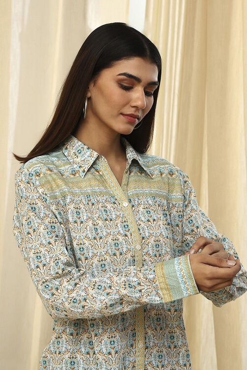 Blue Cotton Printed Straight Shirt image number 1
