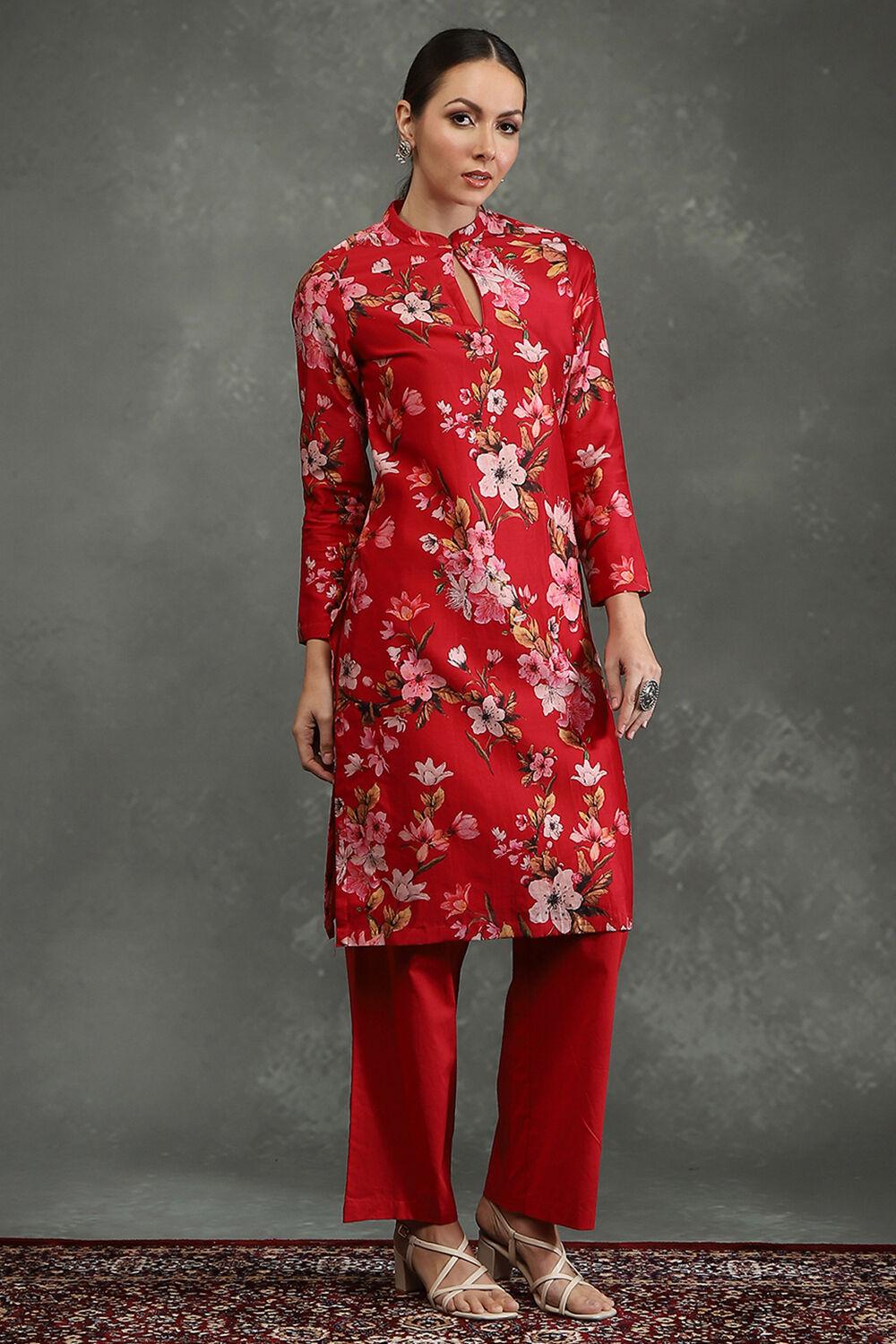 Rohit Bal Red Silk Chanderi Floral Printed Straight Kurta Set image number 7