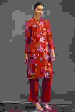 Rohit Bal Red Silk Chanderi Floral Printed Straight Kurta Set image number 7