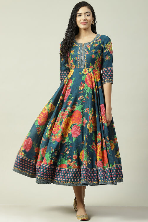 Red Cotton Flared Fusion Printed Dress image number 0