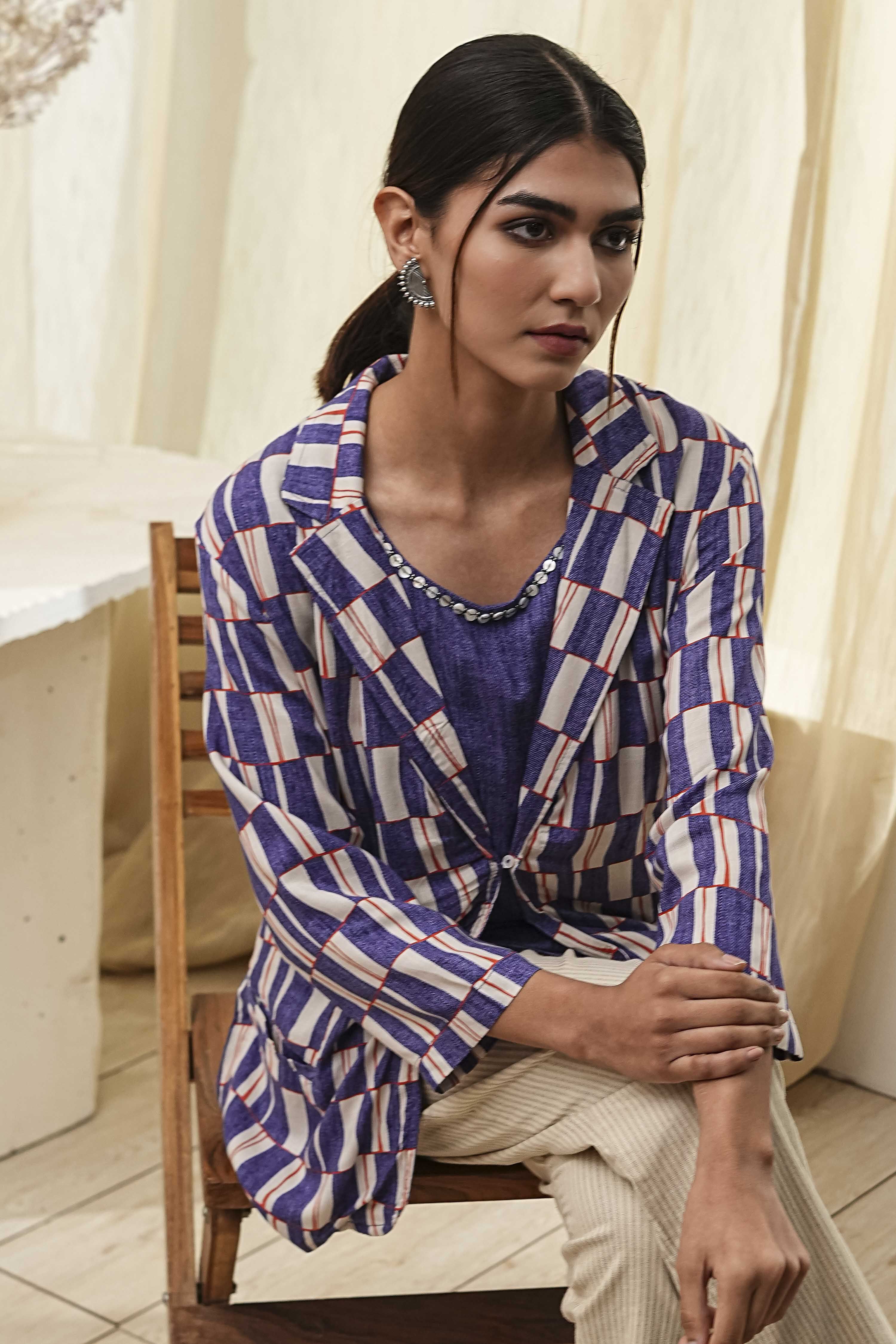 Blue Printed Straight Jacket image number 6