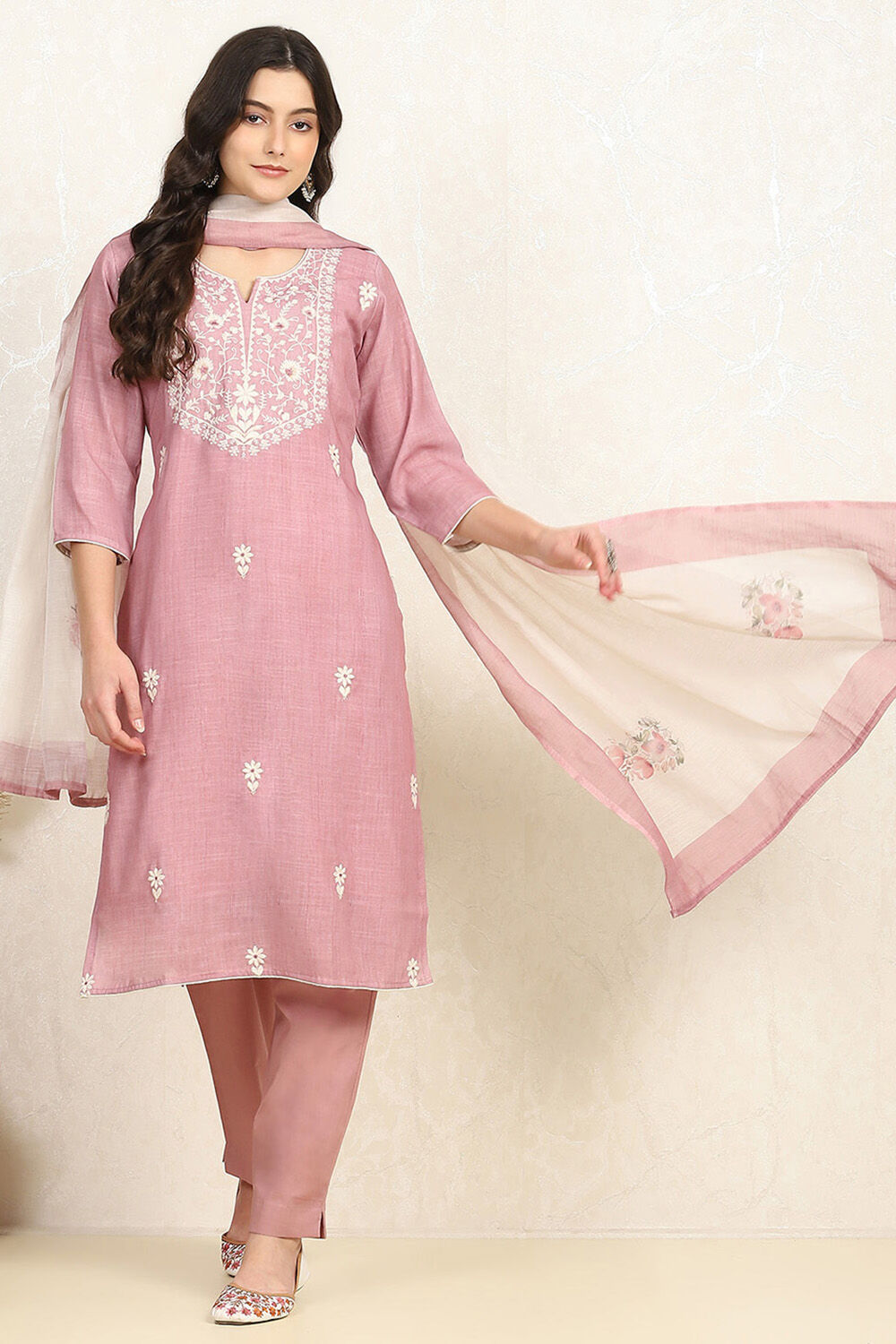 Pink Cotton Embroidered Unstitched Suit Set image number 1