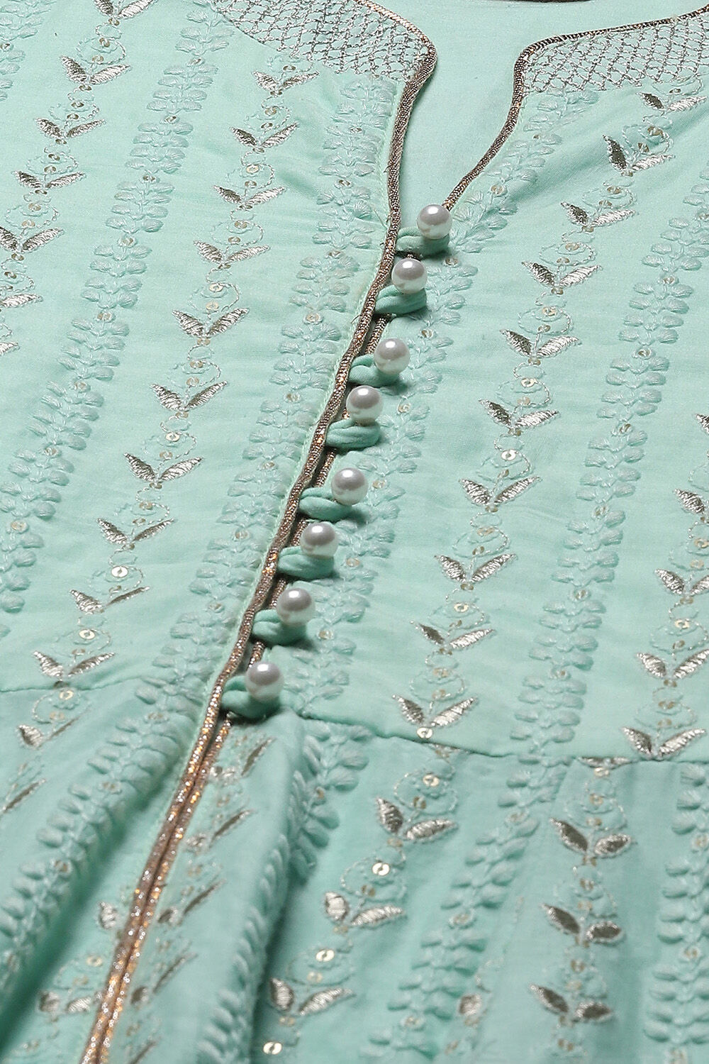 Aqua Blue Cotton Anarkali Kurta Lehenga Set image number 1