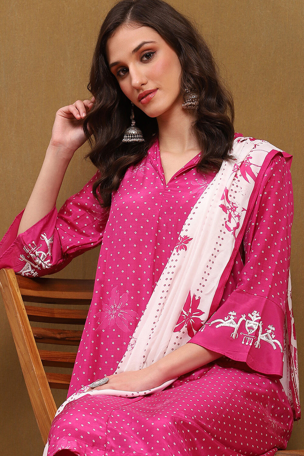 Pink Modal Bandhani Printed A-Line Suit Set image number 0