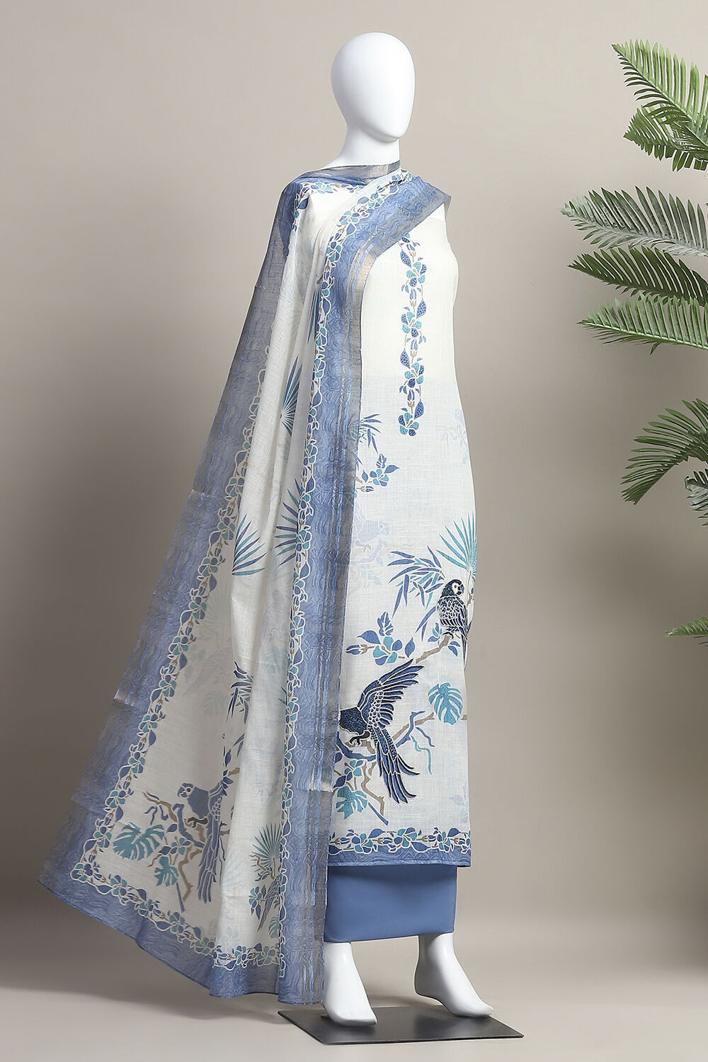 Blue Linen Unstitched Suit Set image number 4