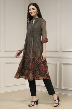 Charcoal-Rust Polyester Straight Printed Kurta image number 2