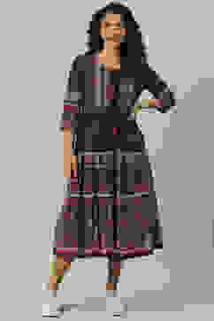 Blue Cotton Fusion Dress with Printed Jacket image number 5