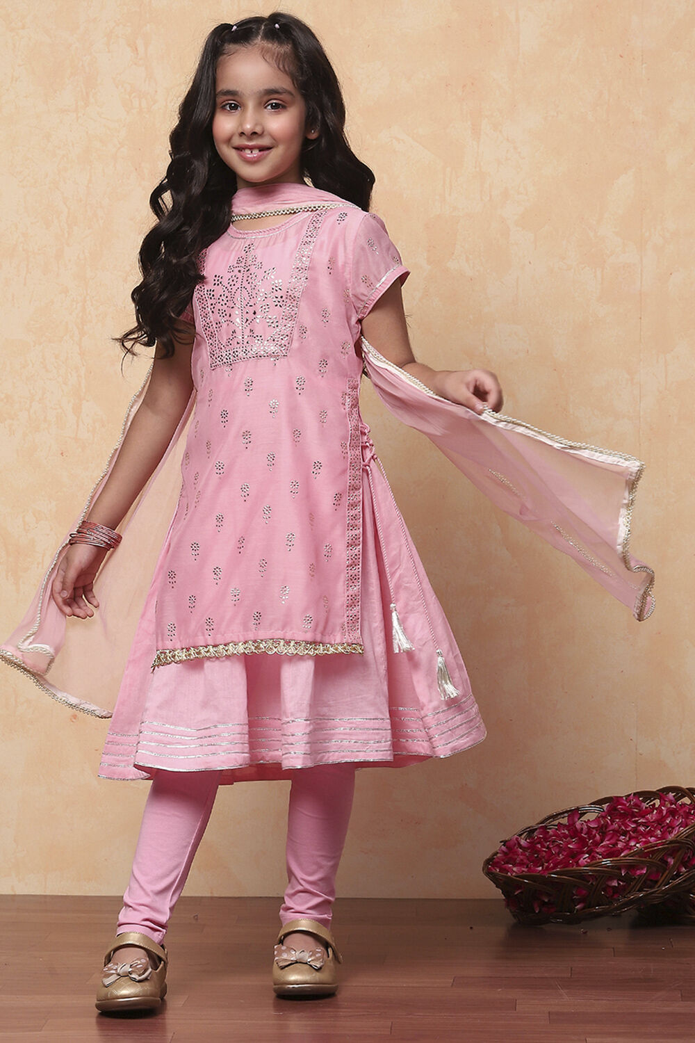 Pink Metallic Print Layered Flared Suit Set image number 0