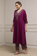 Red Satin Solid Kaftan-Style Kurta Set image number 3