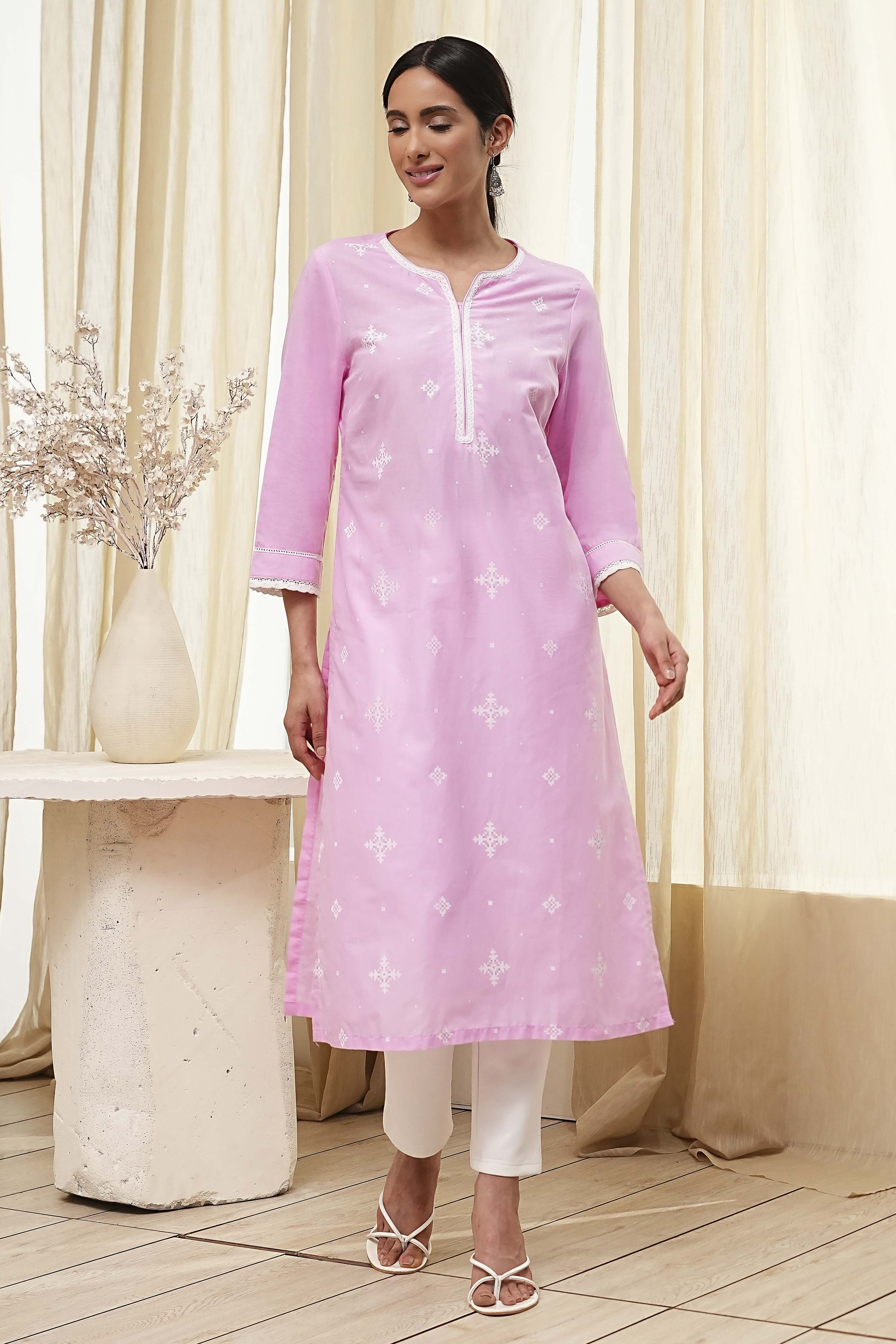 Light Pink Cotton Straight Kurta image number 0