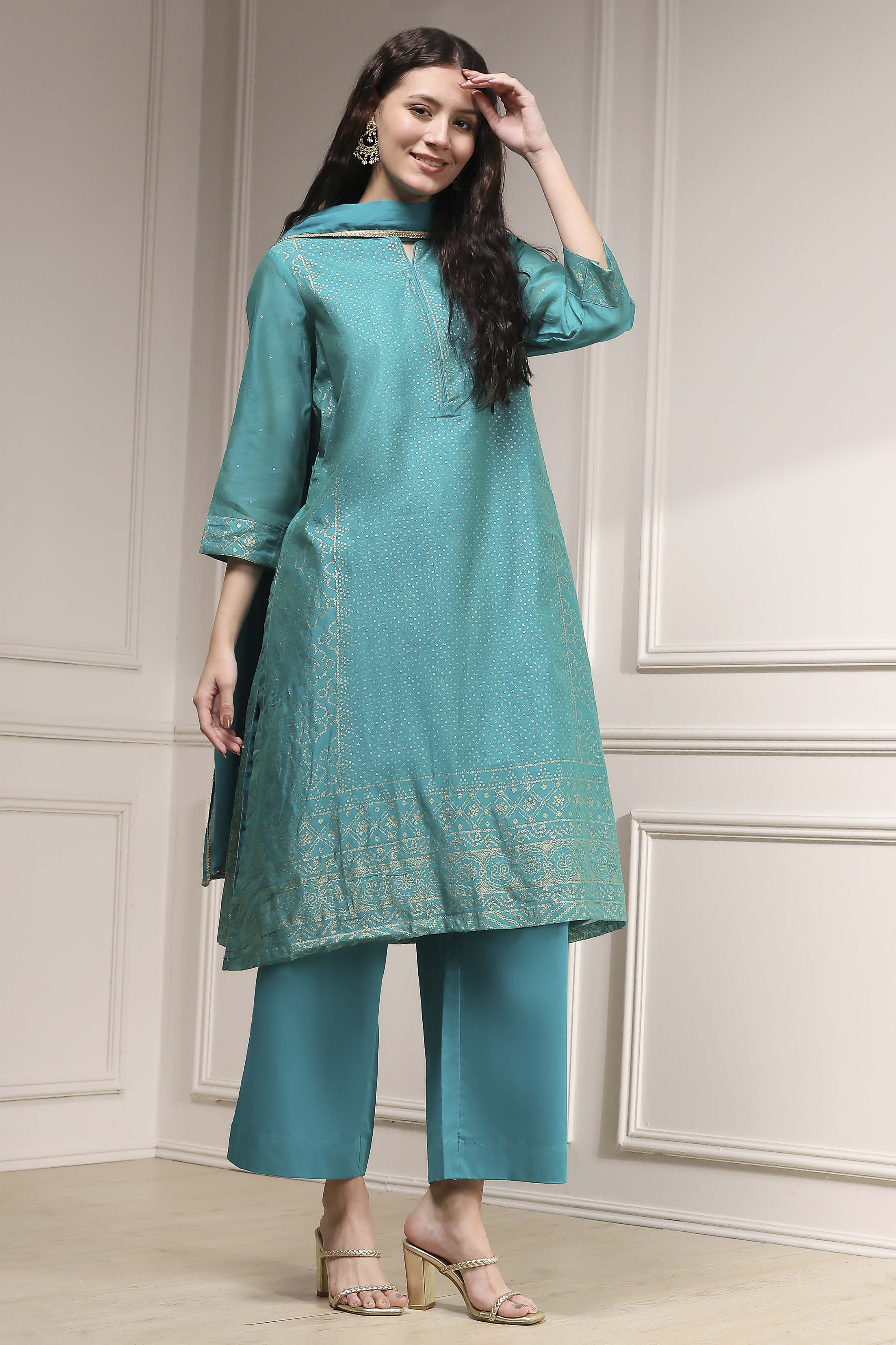 Turquoise Cotton Blend Printed Straight Suit Set image number 5