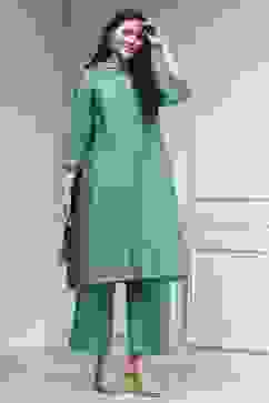 Turquoise Cotton Blend Printed Straight Suit Set image number 5