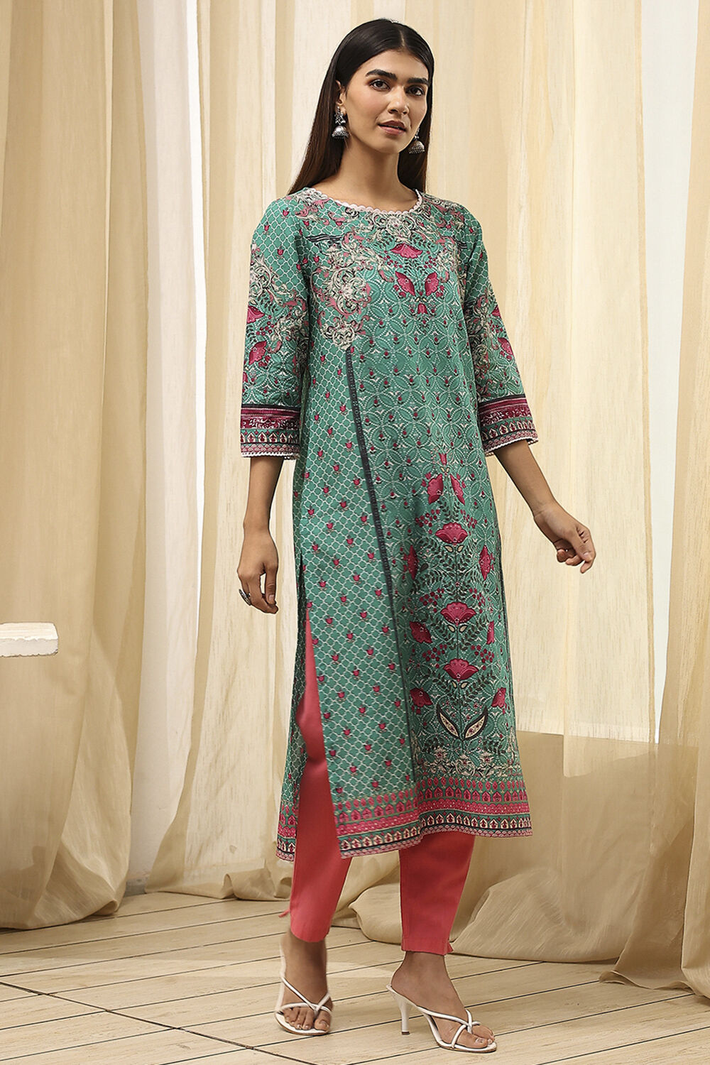 Green Cotton Printed Straight Kurta image number 3