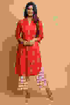 Terracotta Rayon Straight Kurta Palazzo Suit Set image number 0