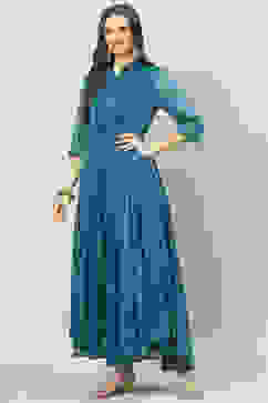 Teal Art Silk Flared Printed Dress image number 0