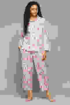 Off White & Pink Cotton Printed 2 Piece Sleepwear Set image number 6