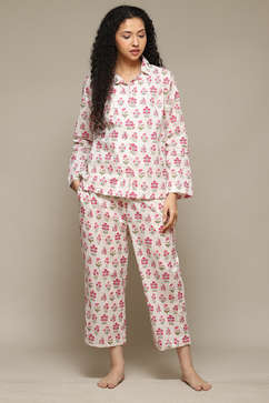 Off White & Pink Cotton Printed 2 Piece Sleepwear Set image number 6