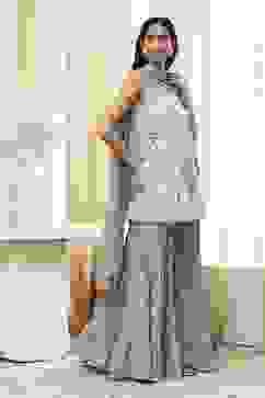 White and Blue Cotton Floral Flared Suit Set image number 5