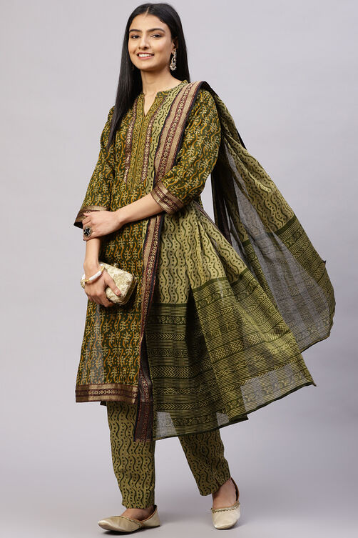 Olive Cotton Woven Unstitched Suit Set image number 7