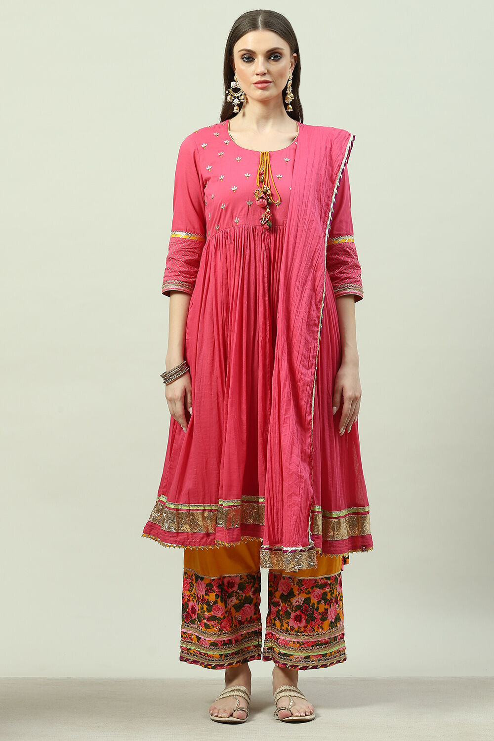 Pink Cotton Anarkali Kurta Palazzo Suit Set image number 6