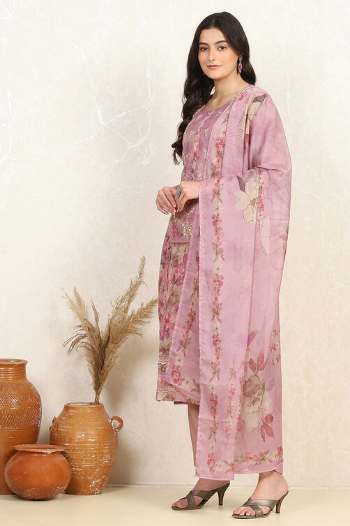 Purple Muslin Unstitched Suit Set image number 4