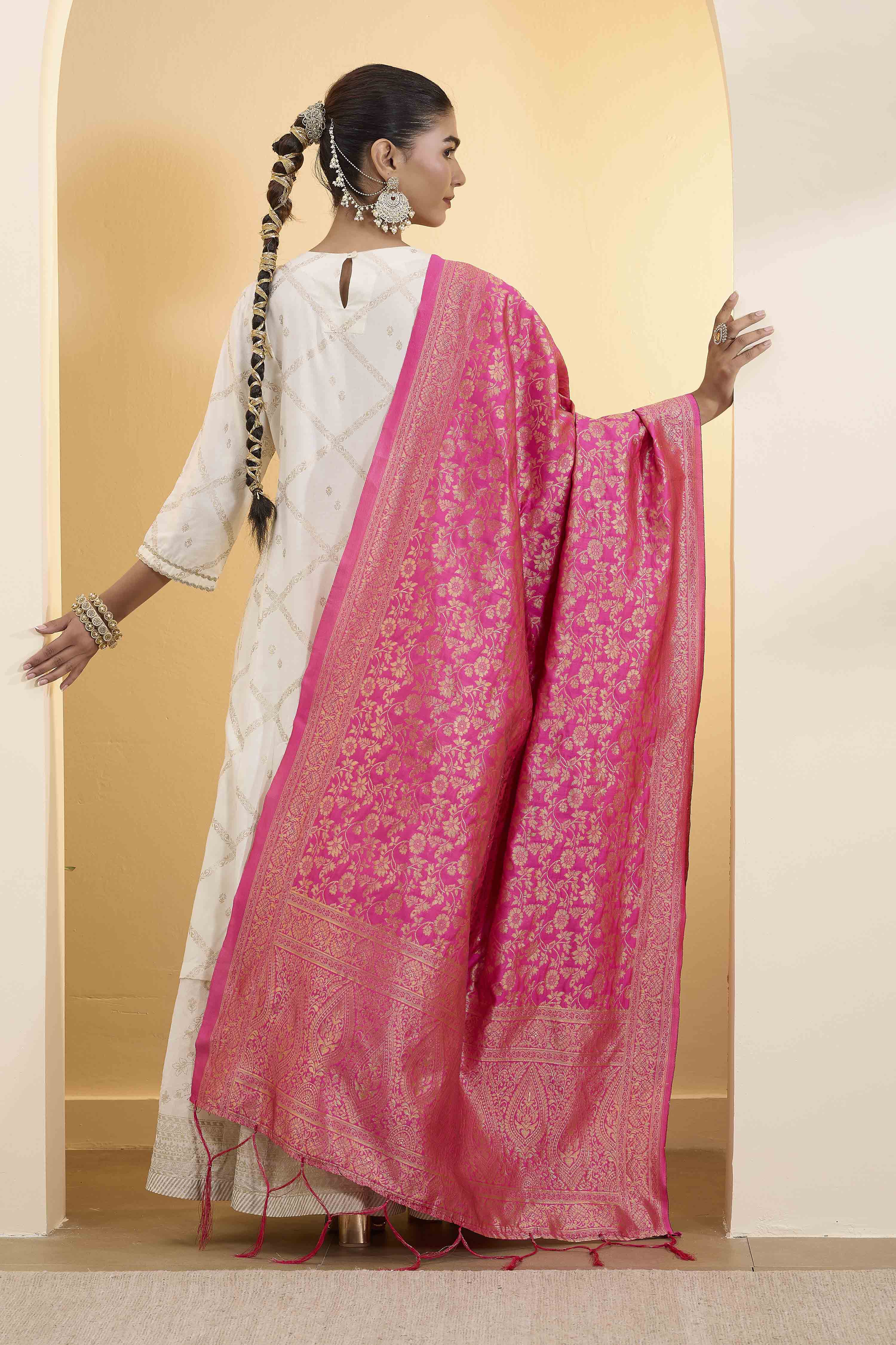 Pink Poly Banarasi Dupatta image number 2